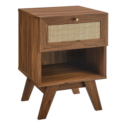Walnut wood mid-century 1-drawer nightstand with cane-front drawer, open shelf, angled legs and brass knob.