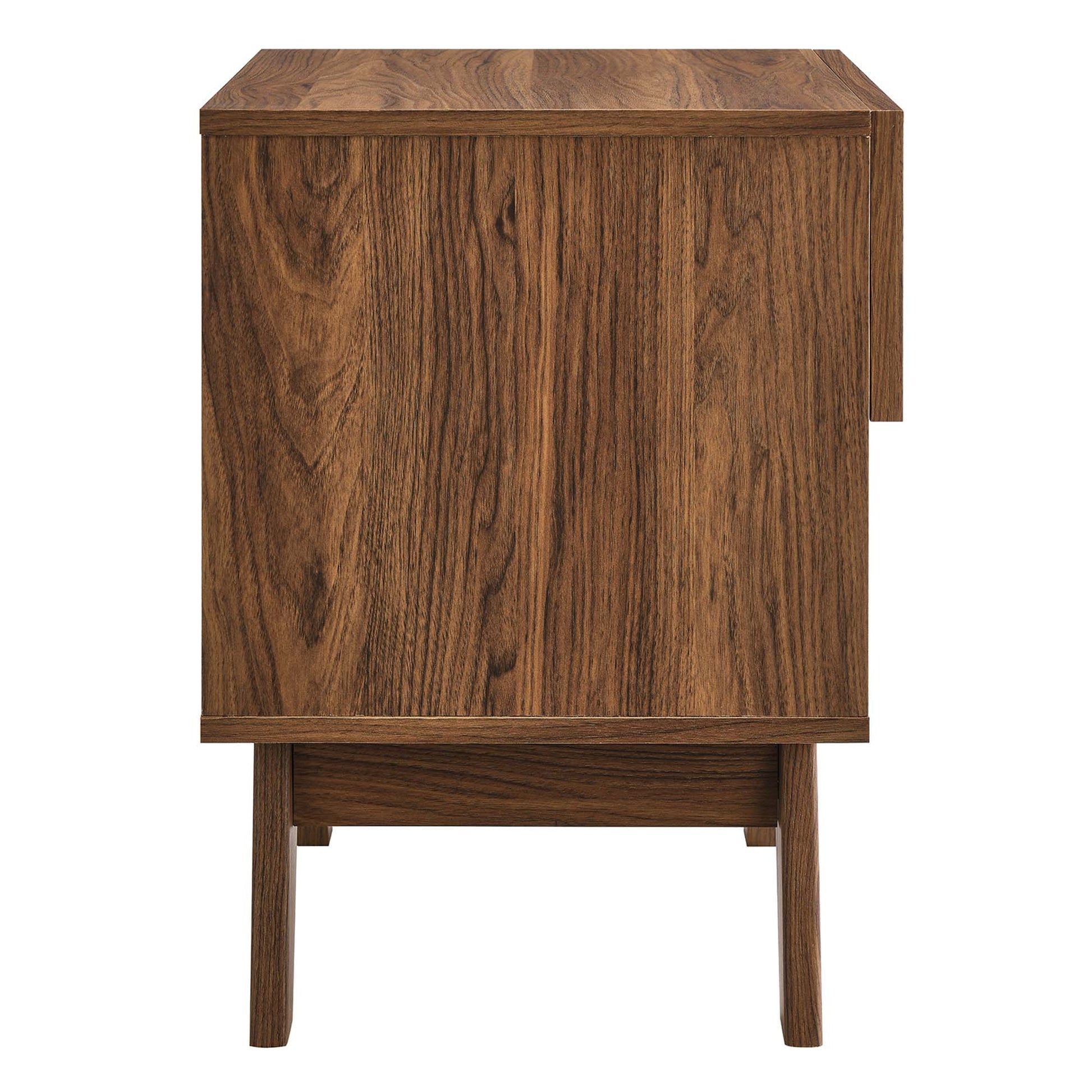 Walnut veneer mid-century modern bedside table with a single drawer and tapered legs.