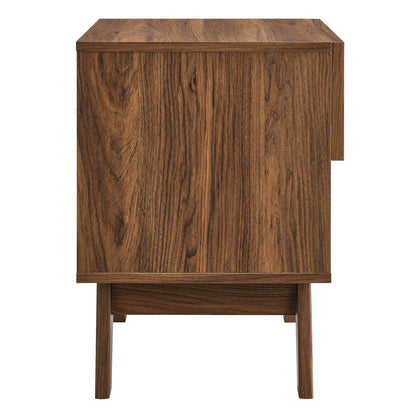 Walnut veneer mid-century modern bedside table with a single drawer and tapered legs.