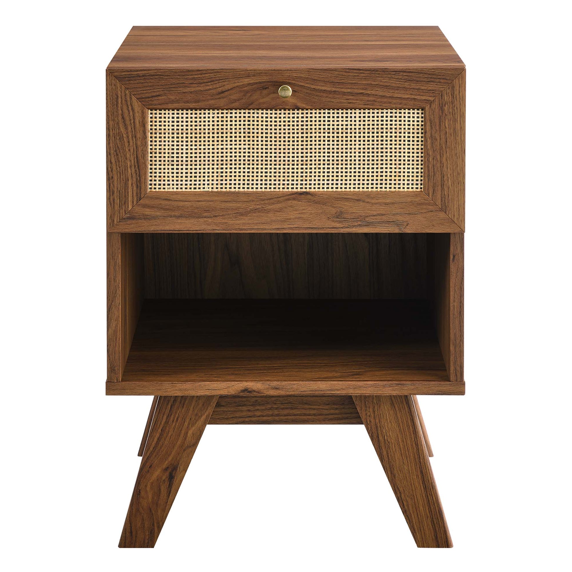 Walnut mid-century 1-drawer nightstand with a caned front, open lower shelf, and angled legs.