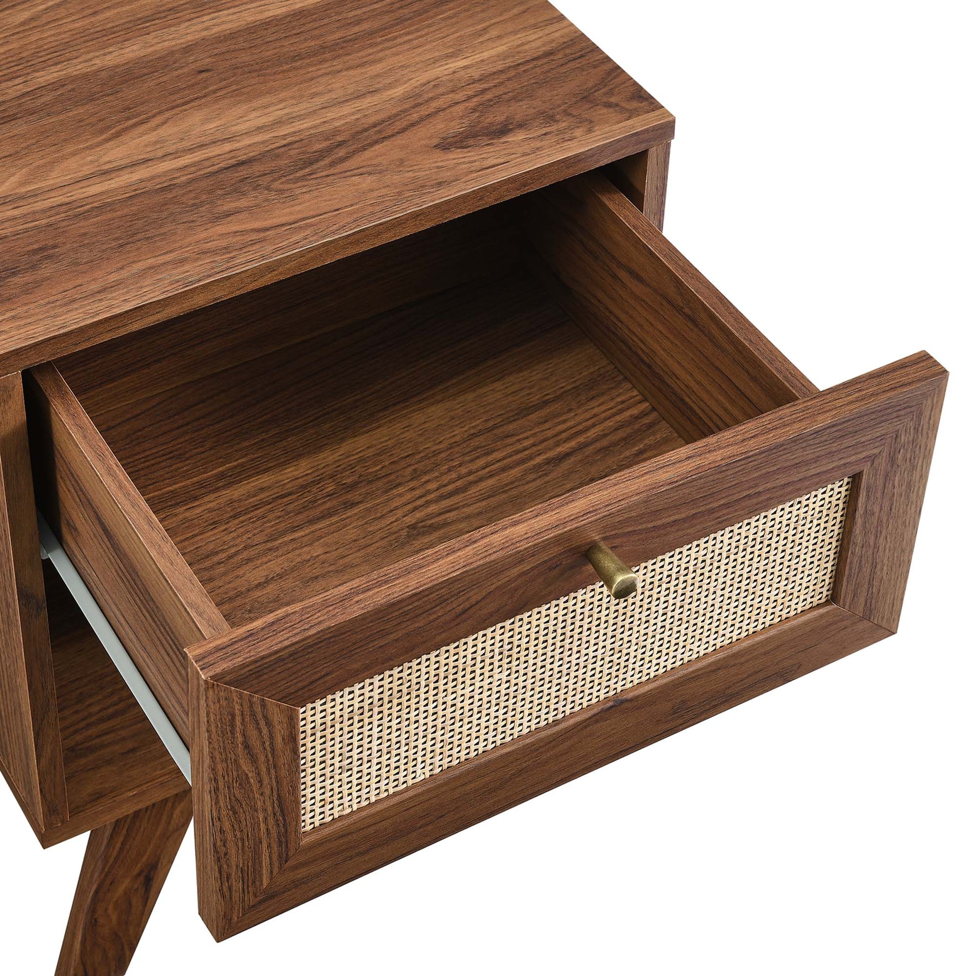 Walnut-finish wooden nightstand with open top drawer & cane-woven front panel, brass knob.
