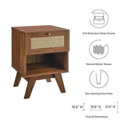 Walnut finish mid-century nightstand with woven rattan drawer front, open lower shelf, angled legs