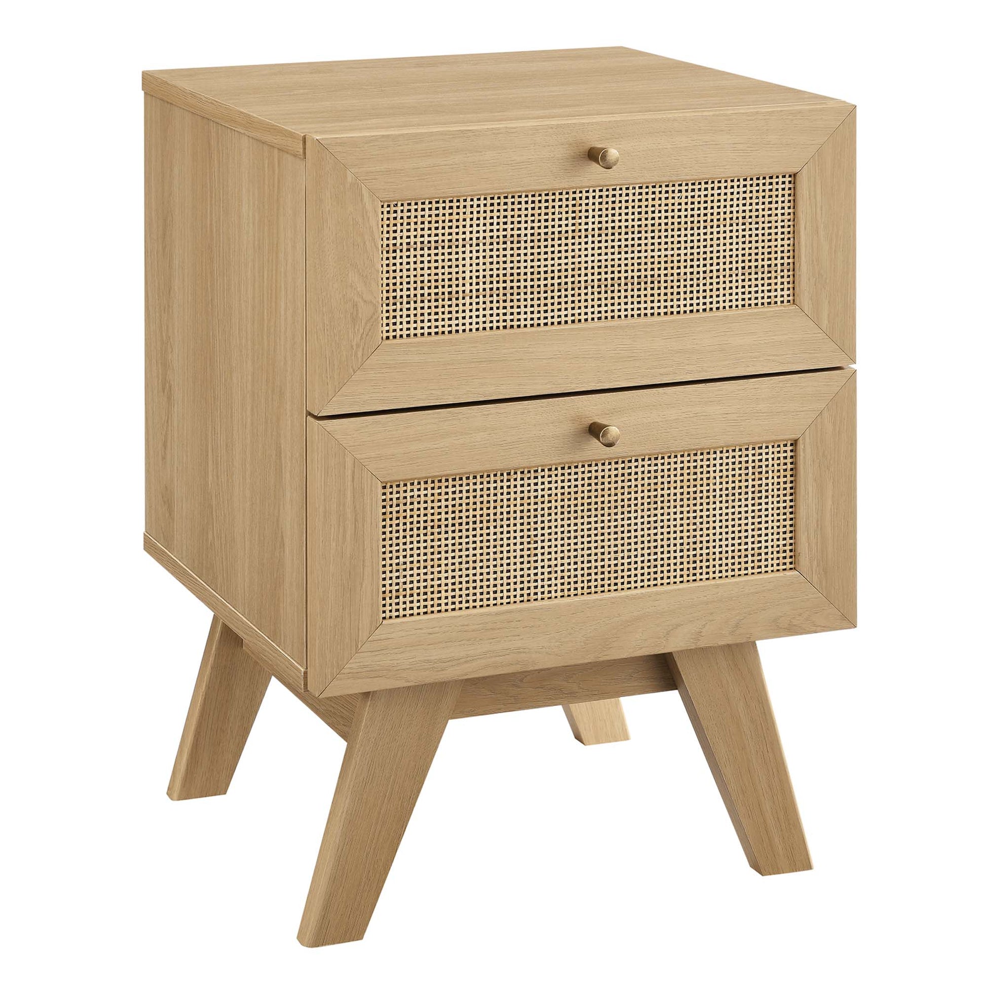 Brown oak finish two-drawer nightstand with woven rattan fronts, angular frame and mid-century tapered legs, wooden knobs.