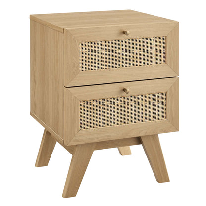 Brown oak finish two-drawer nightstand with woven rattan fronts, angular frame and mid-century tapered legs, wooden knobs.