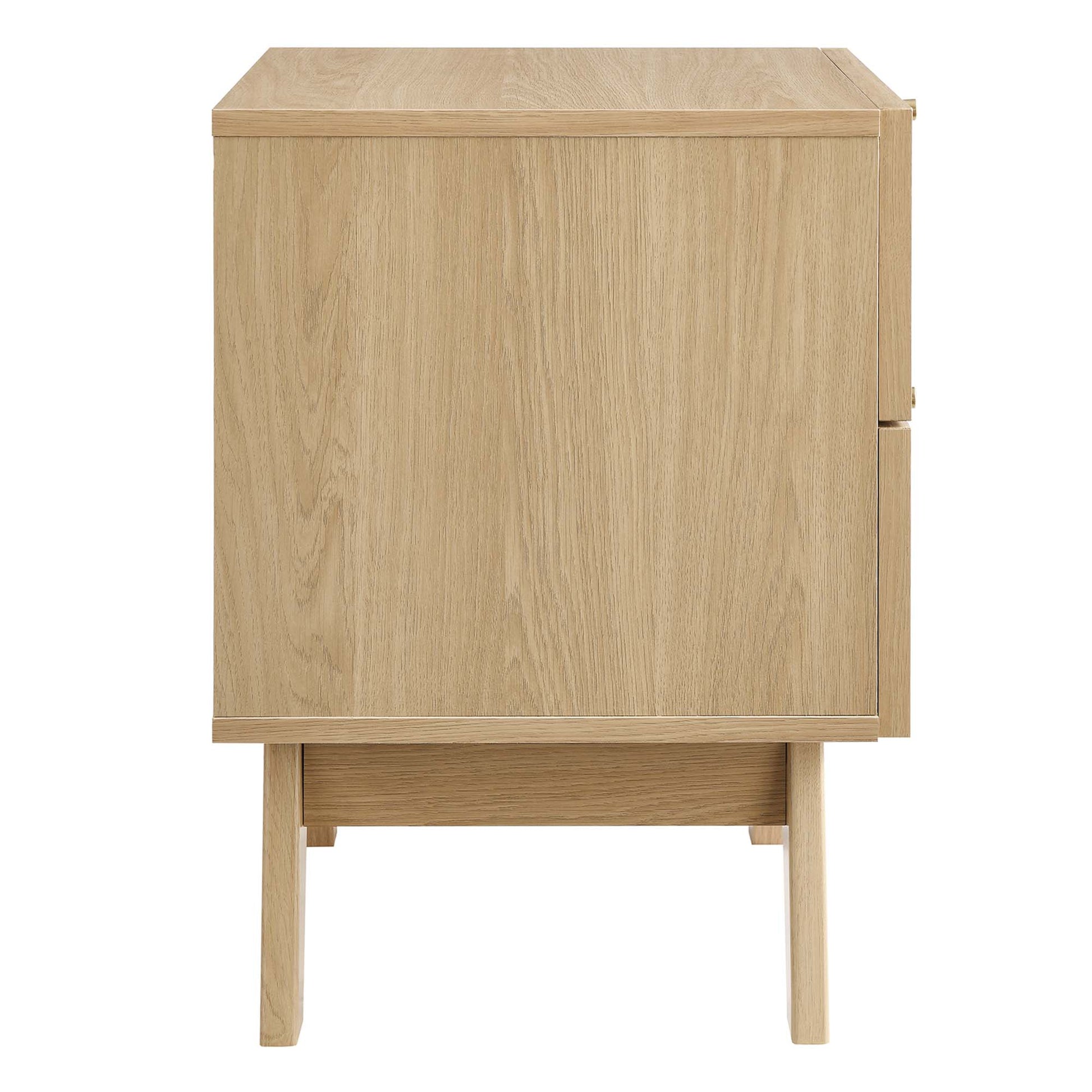 Oak-finish 2-drawer nightstand on four legs with a minimalist mid-century design.