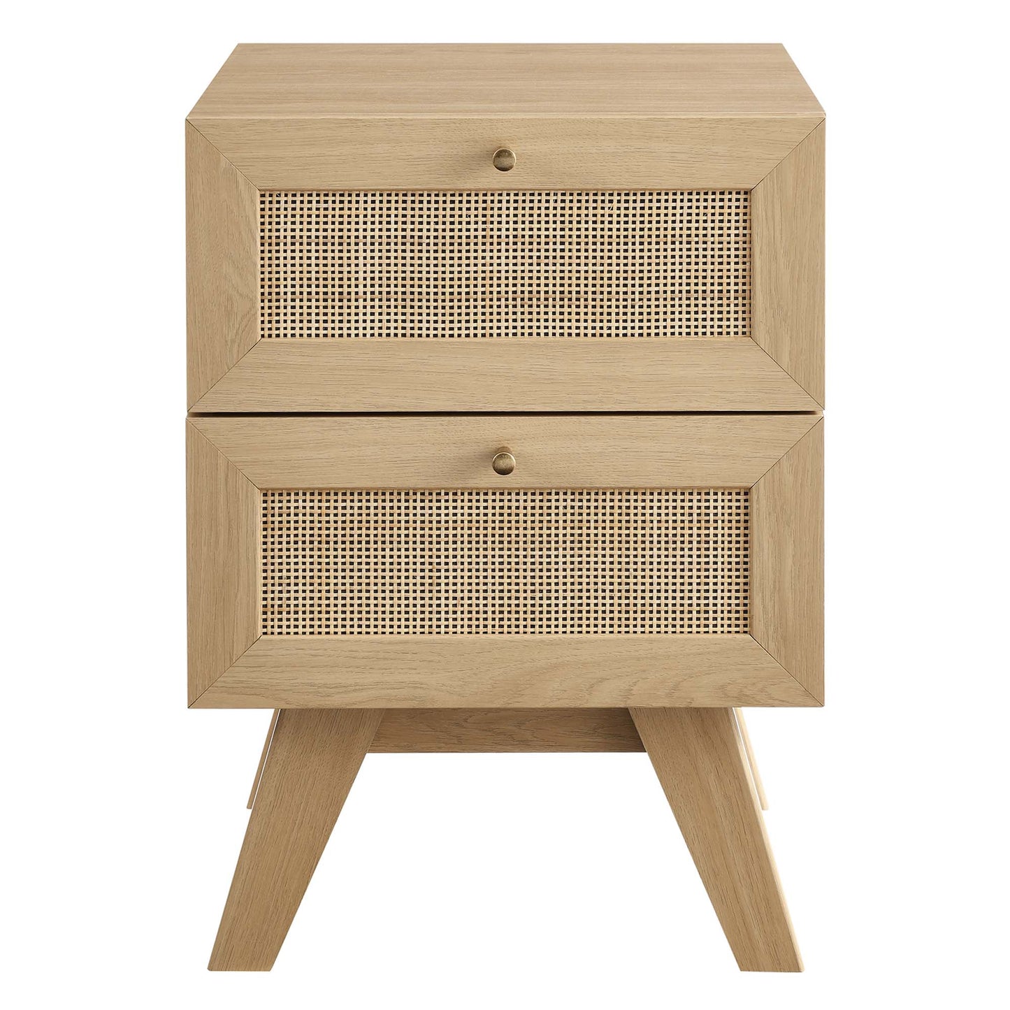 Oak wood two-drawer nightstand with woven cane-front drawers and mid-century angled legs