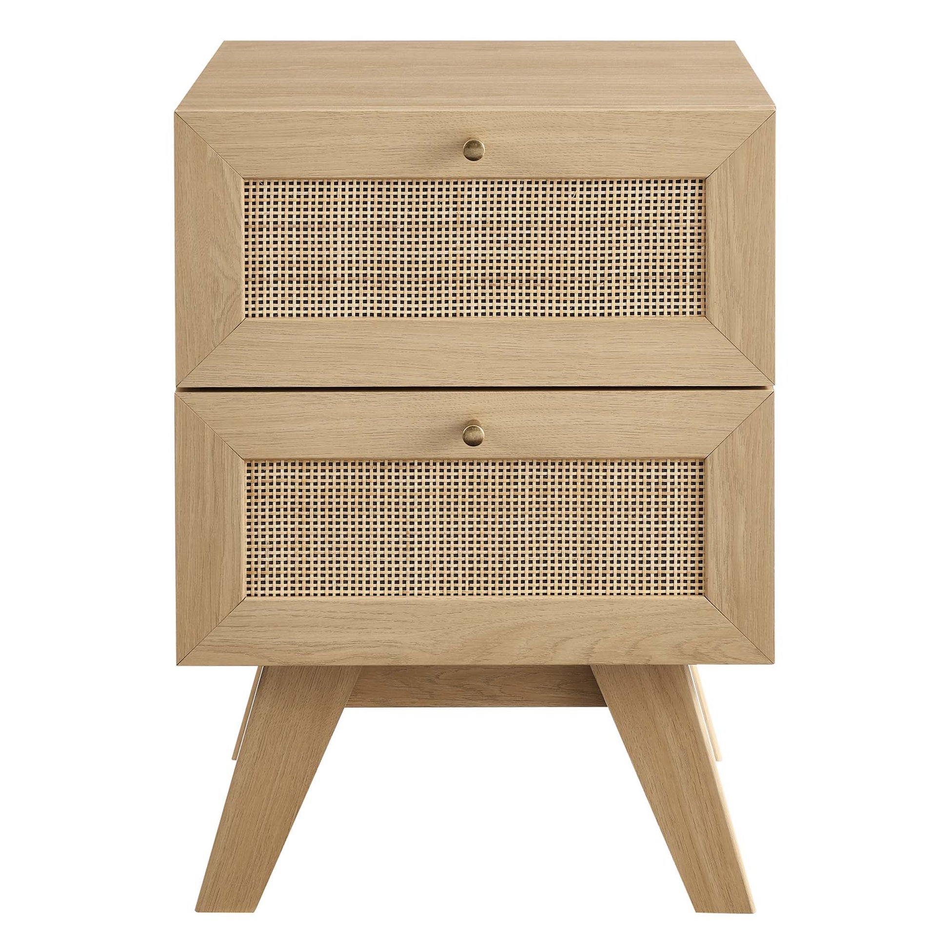 Oak wood two-drawer nightstand with woven cane-front drawers and mid-century angled legs