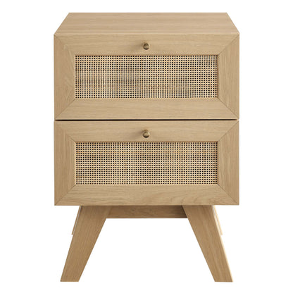 Oak wood two-drawer nightstand with woven cane-front drawers and mid-century angled legs