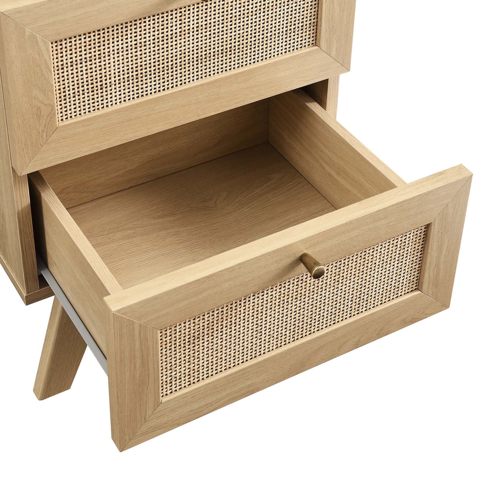 Oak wood two-drawer nightstand with caned drawer fronts; bottom drawer open, wood knob, mid-century style