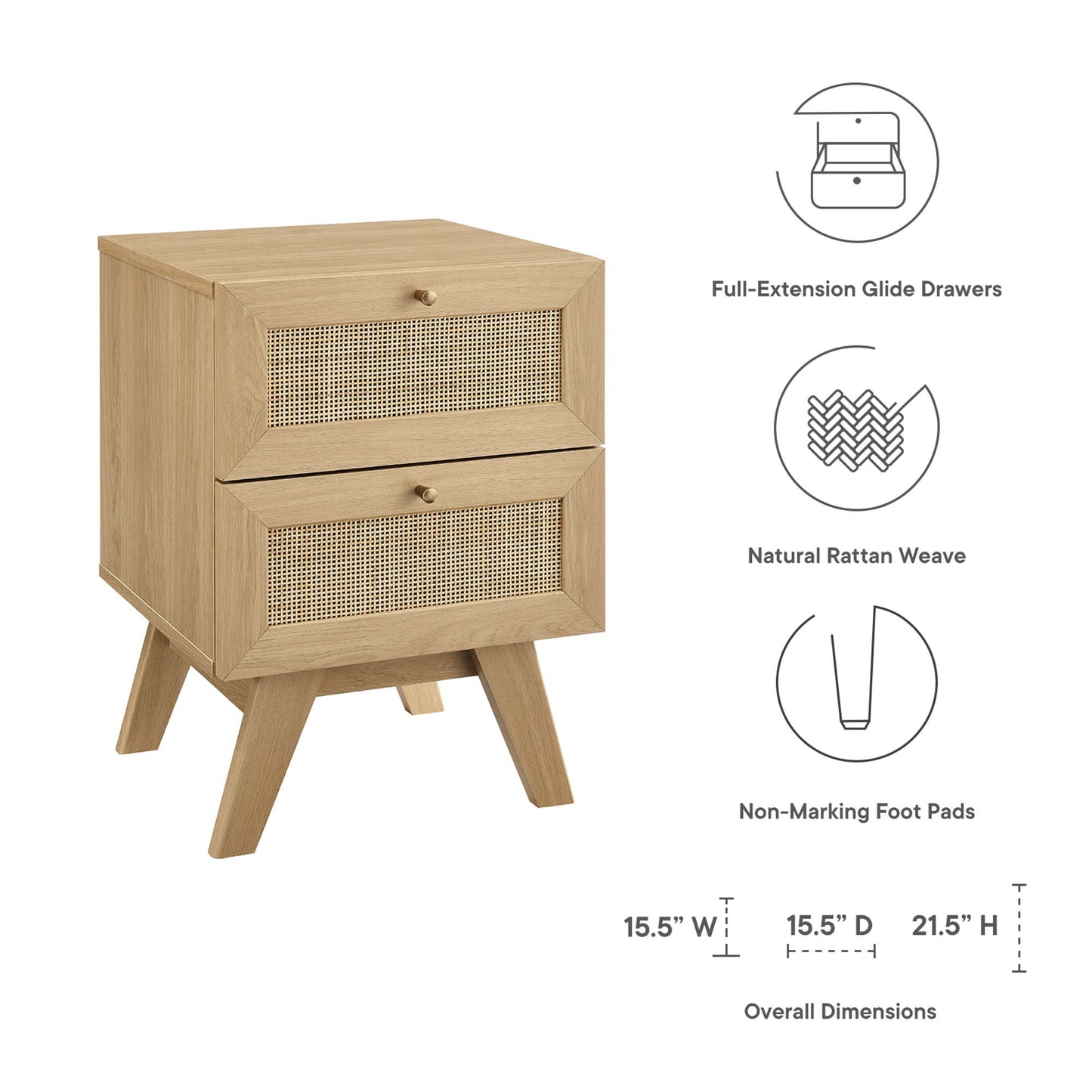Oak two-drawer nightstand with natural rattan weave fronts and angled legs.
