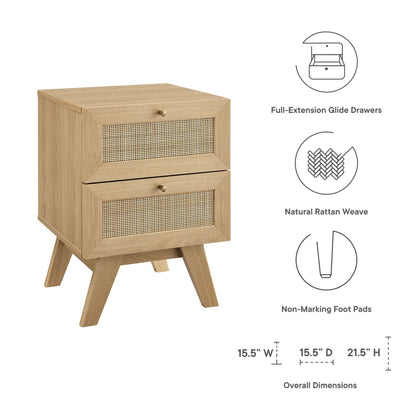 Oak two-drawer nightstand with natural rattan weave fronts and angled legs.