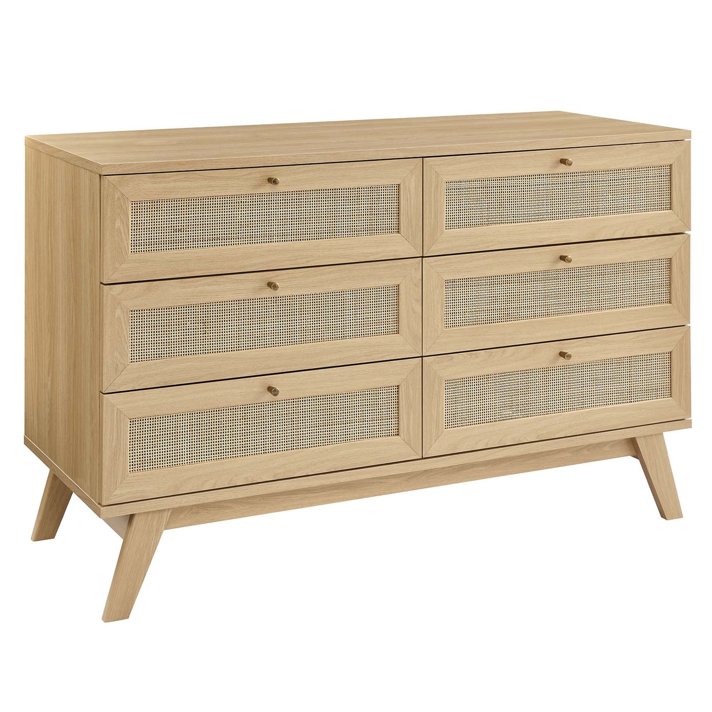 Light oak six-drawer dresser with cane-front panels, mid-century modern design, angled legs, small round knobs.