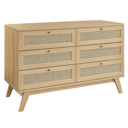 Light oak six-drawer dresser with cane-front panels, mid-century modern design, angled legs, small round knobs.