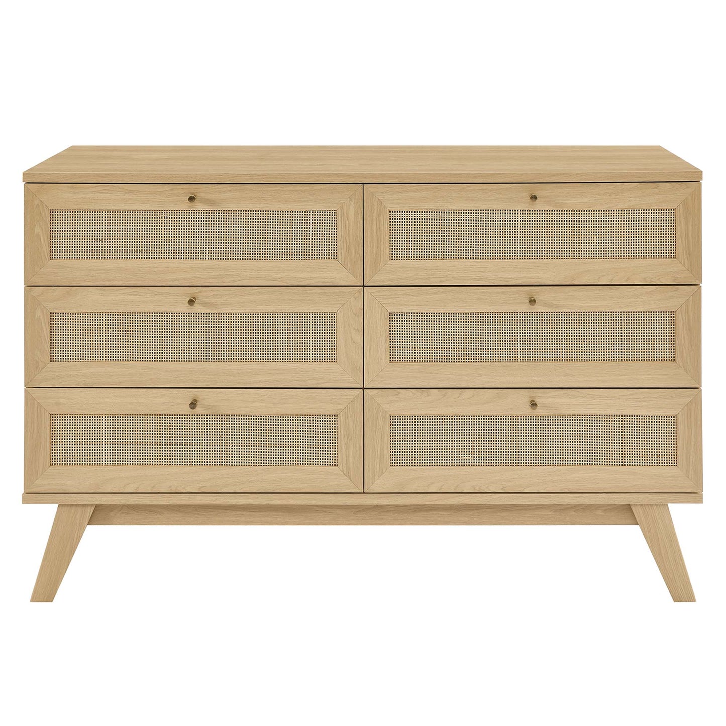Natural oak dresser with six drawers featuring woven cane fronts, mid-century style, angled legs.