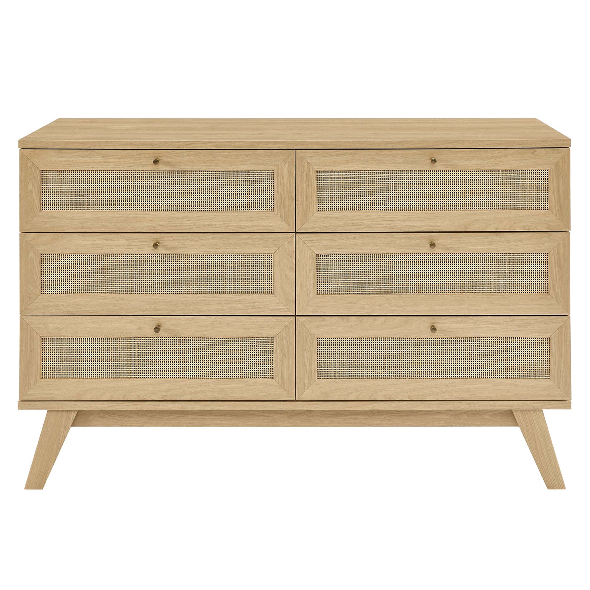 Natural oak dresser with six drawers featuring woven cane fronts, mid-century style, angled legs.