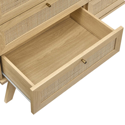 Oak dresser with caned-front drawers and brass knobs; bottom drawer pulled out.