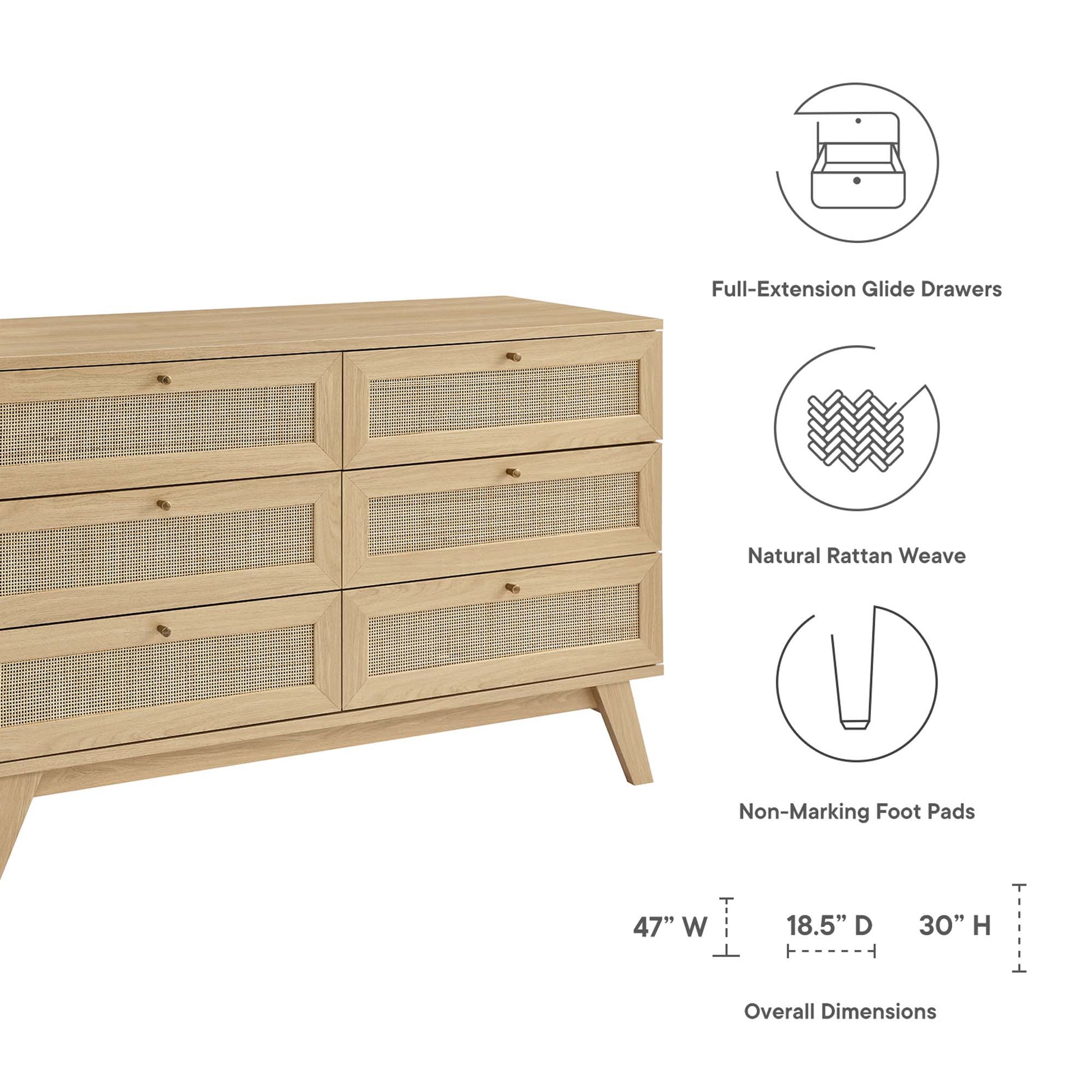 Oak dresser with six natural rattan-front drawers, round knobs, full-extension glides, mid-century legs.
