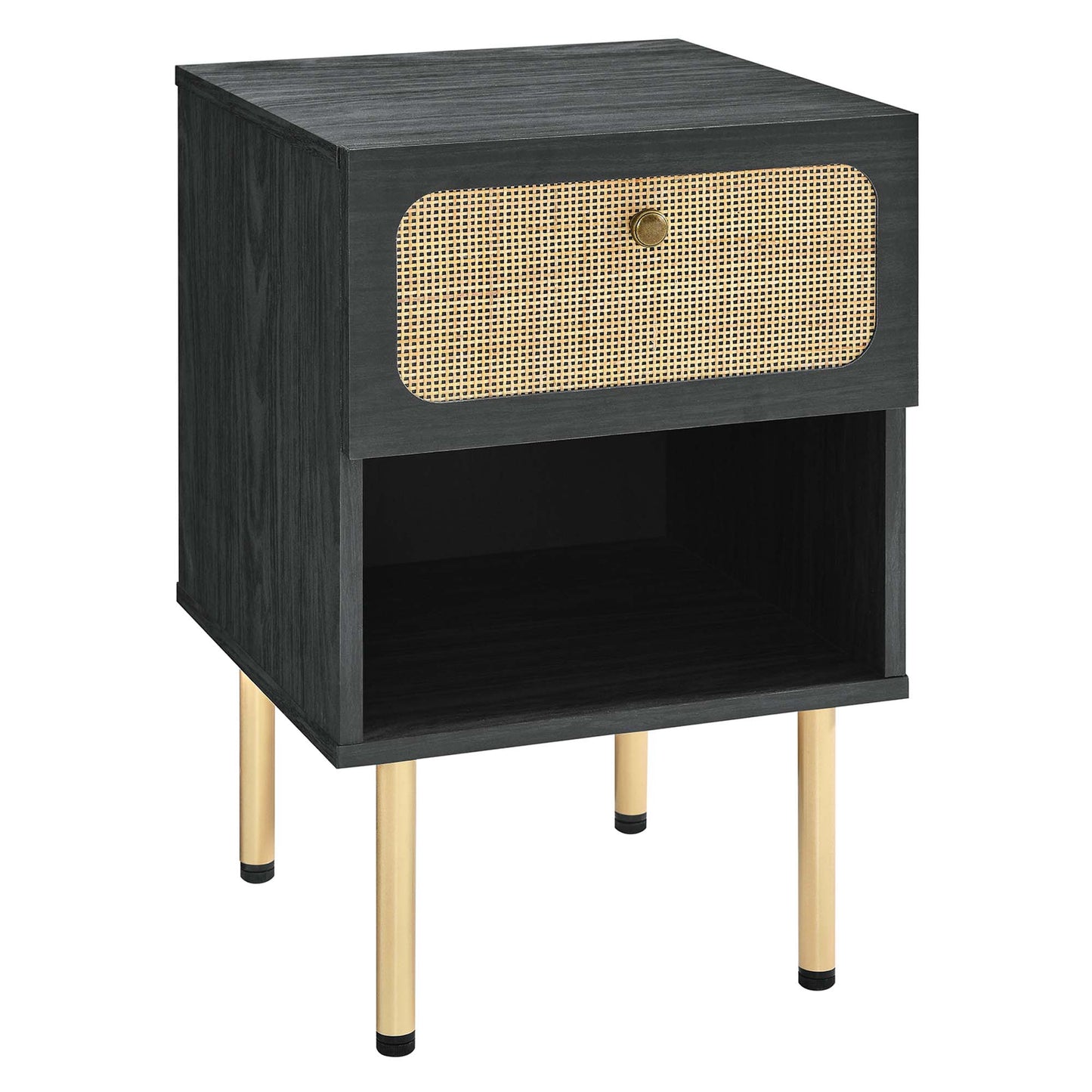 Black nightstand with a cane-front drawer, open lower shelf, & gold metal legs.