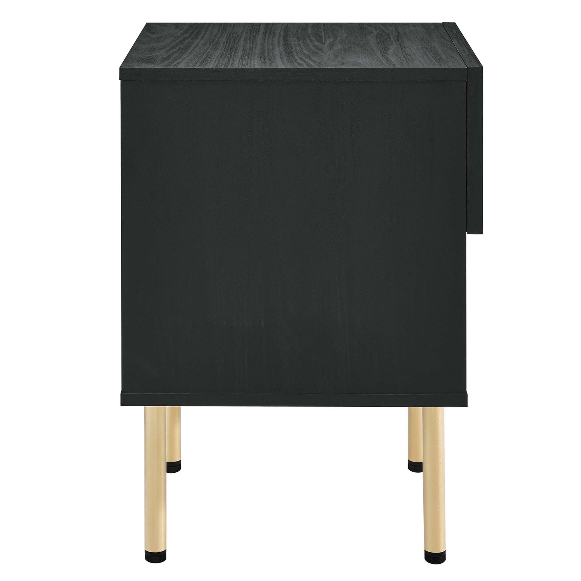 Black rectangular bedside table with light wood legs and wood-grain top.