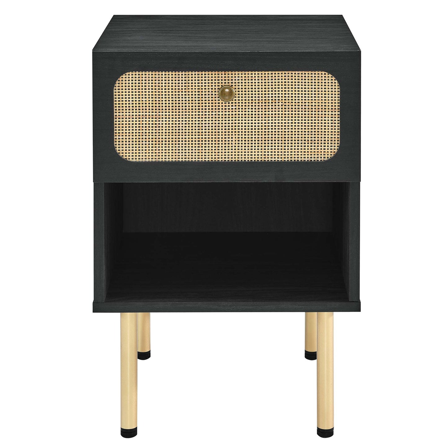 Black wood nightstand with a cane-front drawer, brass knob, open lower shelf, and light wood legs.