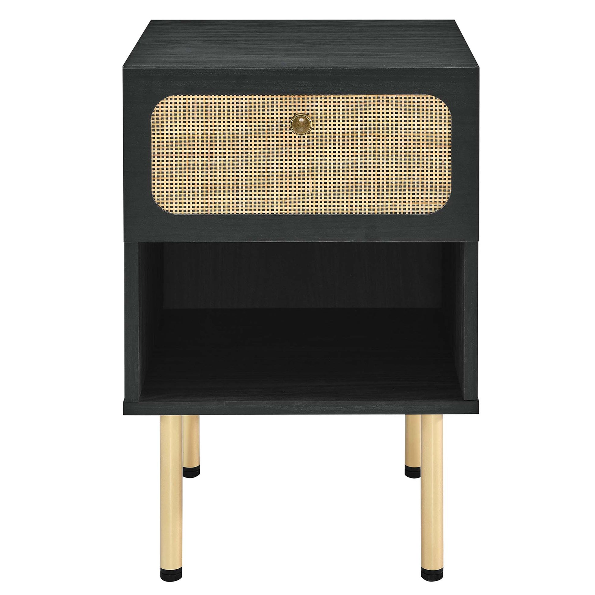 Black wood nightstand with a cane-front drawer, brass knob, open lower shelf, and light wood legs.