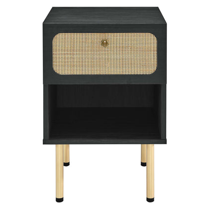 Black wood nightstand with a cane-front drawer, brass knob, open lower shelf, and light wood legs.