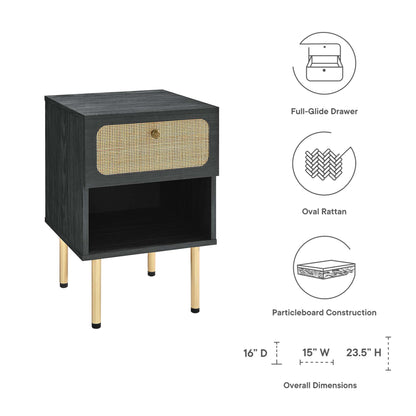 Dark wood nightstand with gold legs, oval rattan drawer front, open lower shelf, full-glide drawer, particleboard construction.