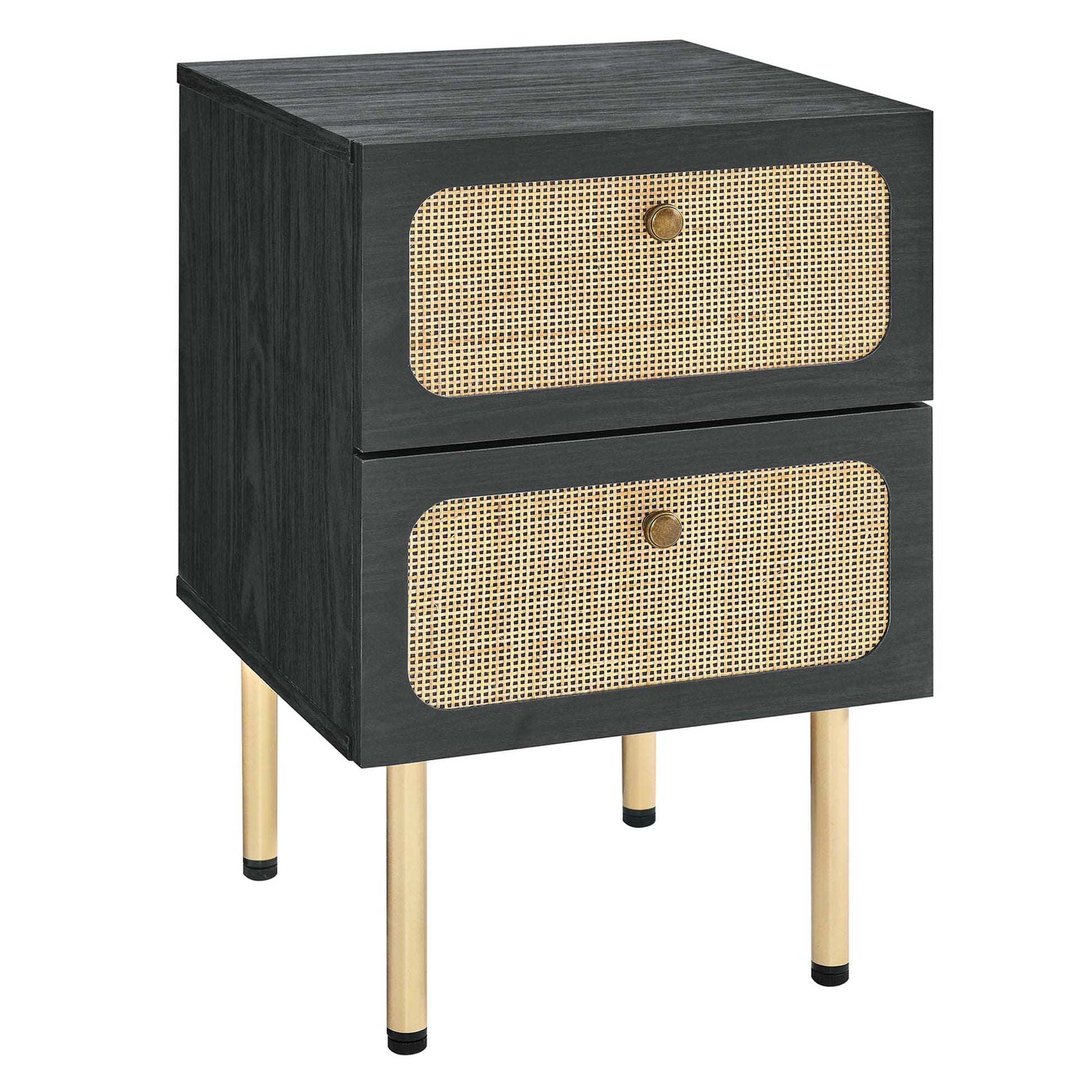 Black wood two-drawer nightstand with rounded cane-woven fronts, brass knob pulls, and gold legs.