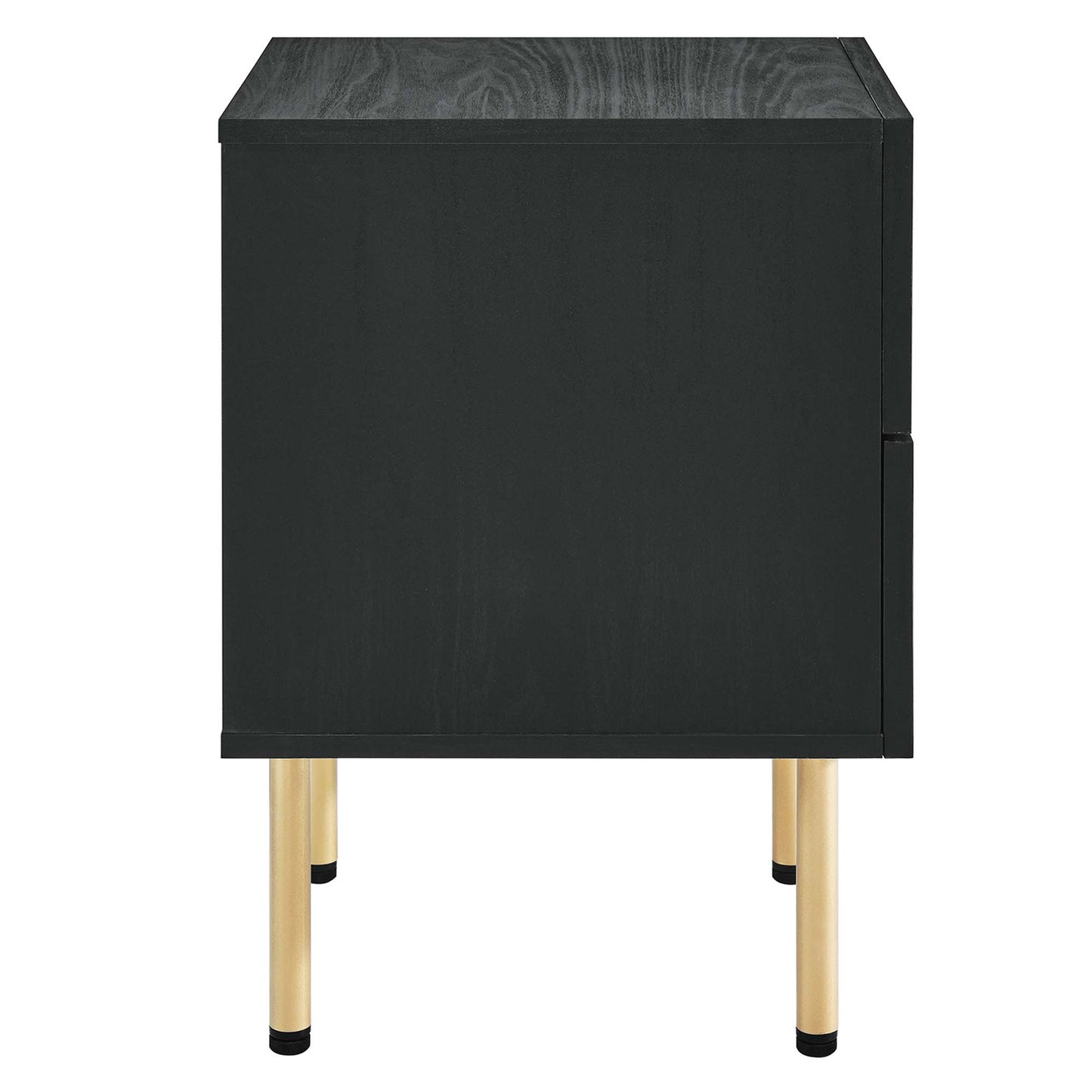 Black two-drawer nightstand with wood-grain top on natural wooden legs.