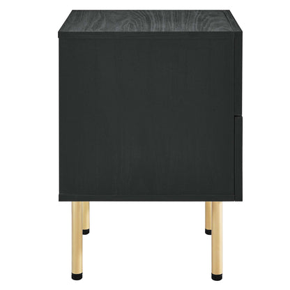 Black two-drawer nightstand with wood-grain top on natural wooden legs.