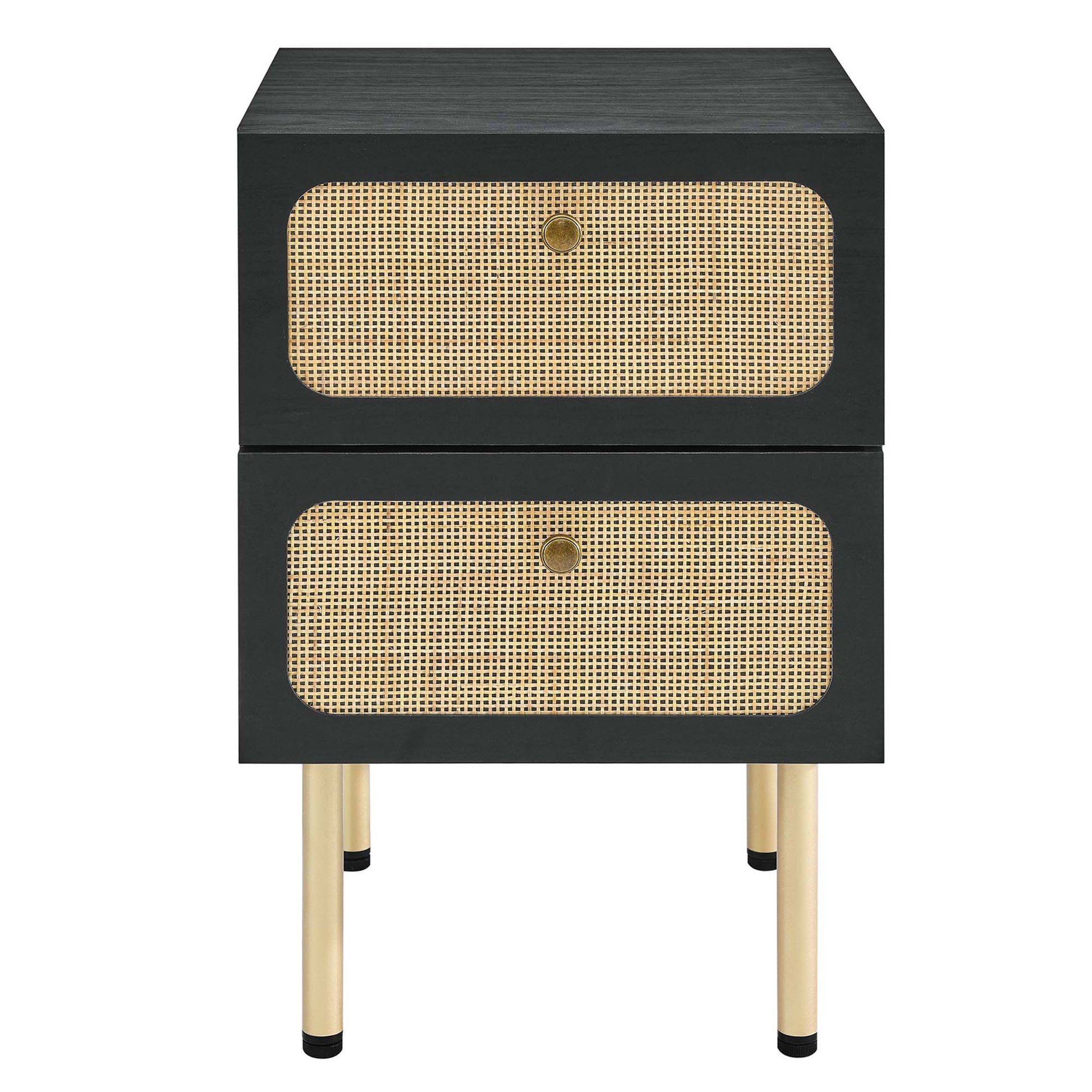Black two-drawer nightstand with natural cane fronts, brass knobs and gold legs.