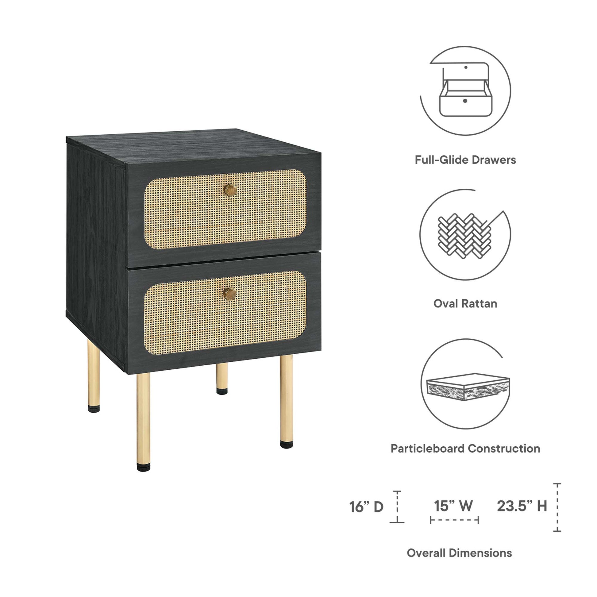 Black wood nightstand with two oval rattan-front drawers & gold-tone legs, mid-century modern bedside storage.