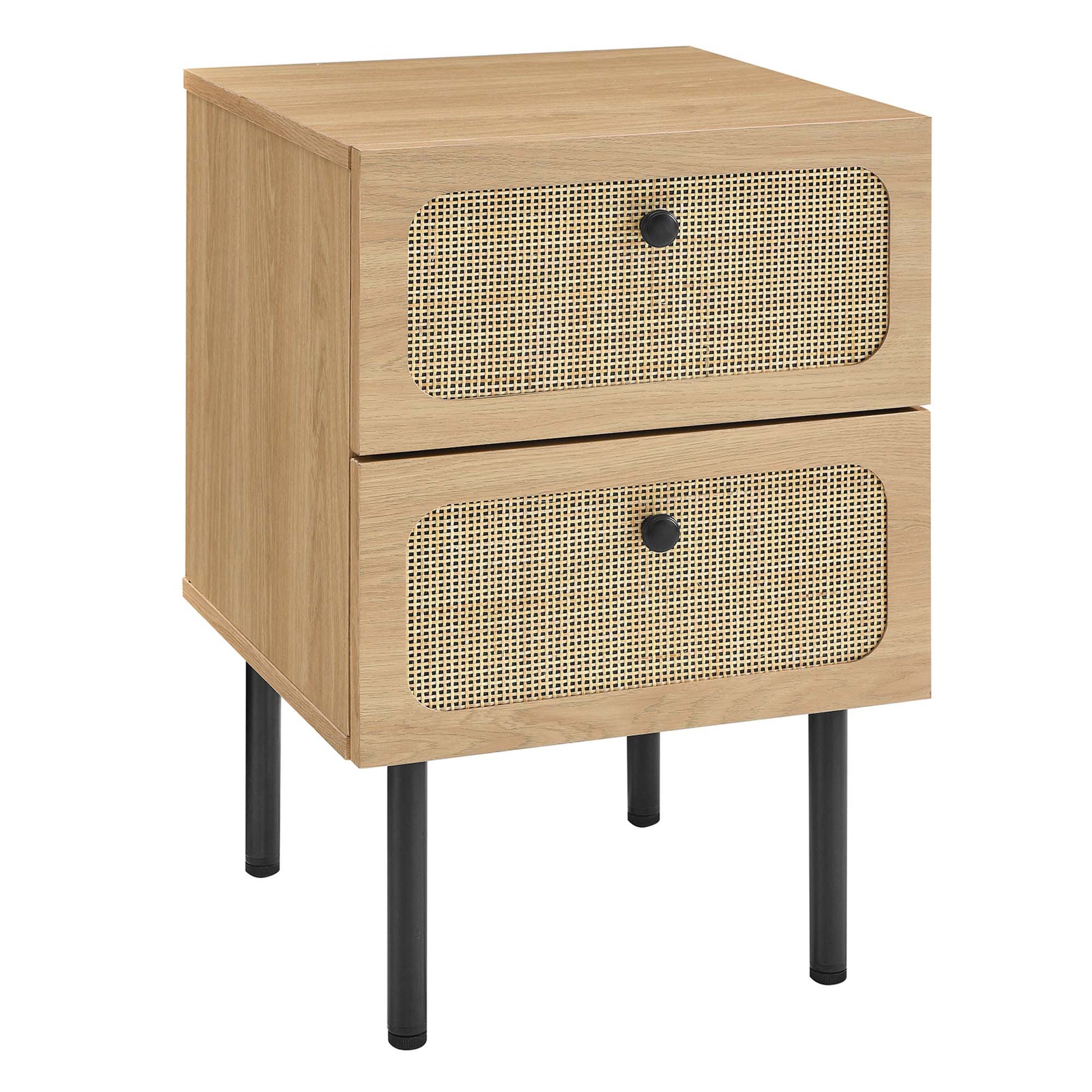 Oak two-drawer nightstand with cane-front panels, round knobs, and black metal legs.