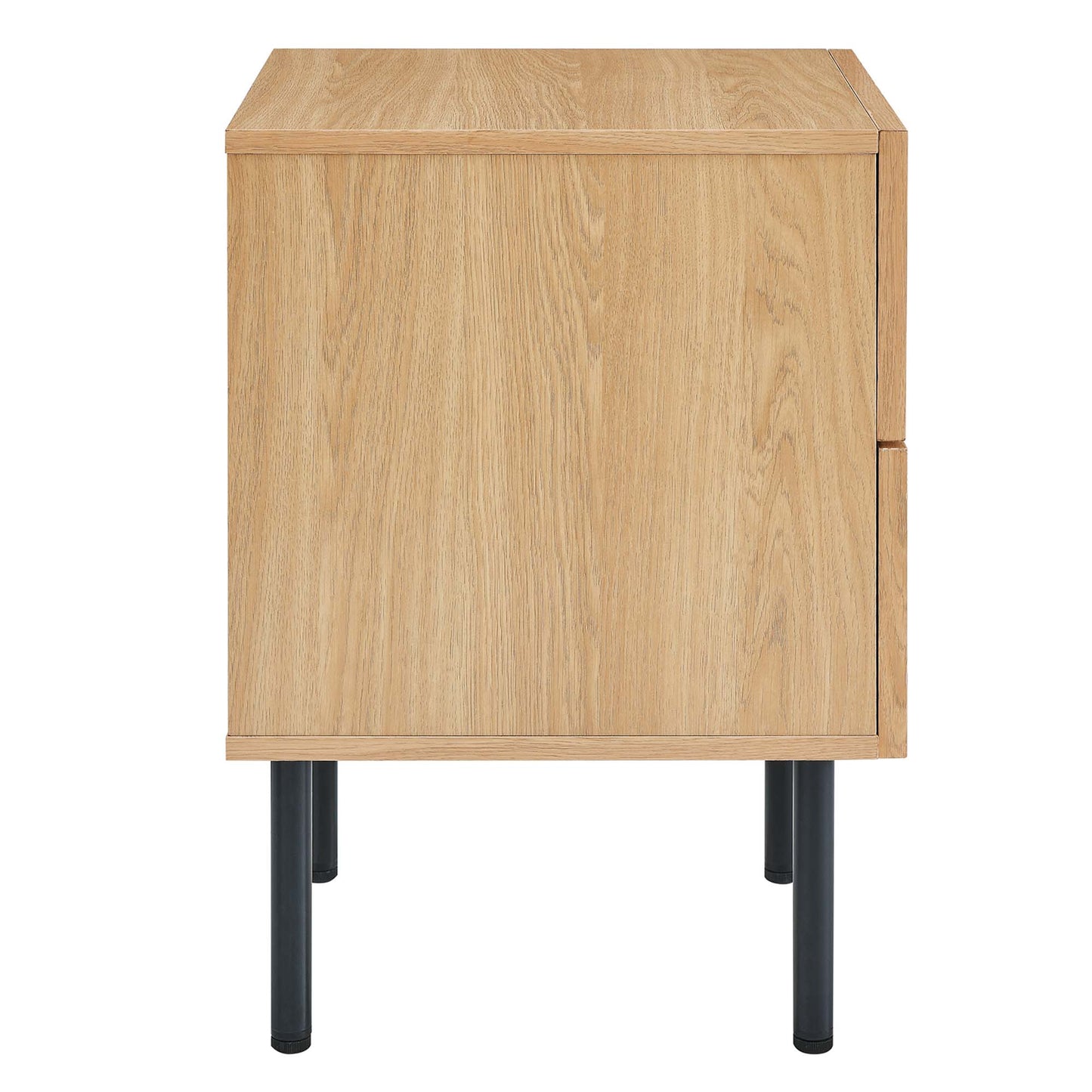 Oak-finish nightstand with two drawers and black metal legs.