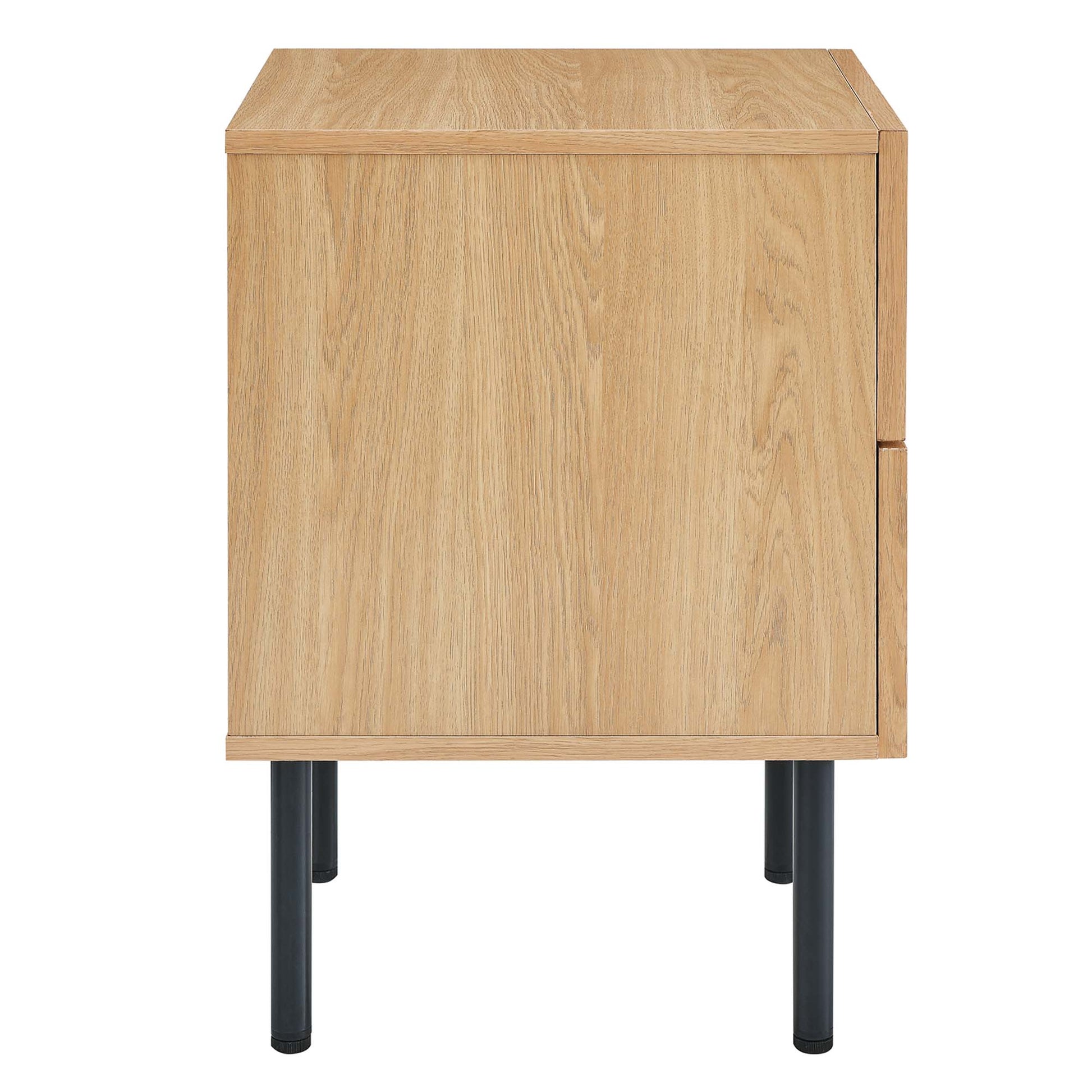 Oak-finish nightstand with two drawers and black metal legs.
