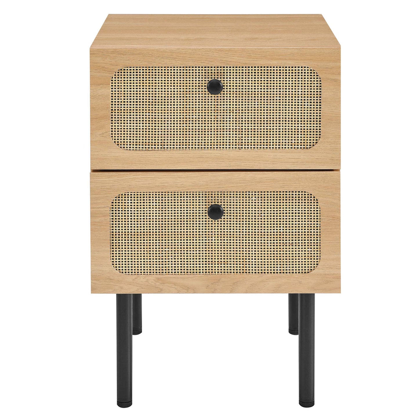 Oak veneer two-drawer nightstand with woven cane fronts, black knobs and black metal legs.