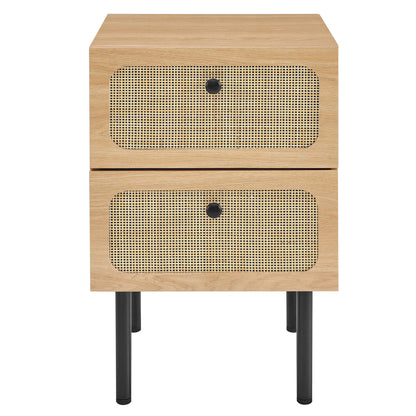 Oak veneer two-drawer nightstand with woven cane fronts, black knobs and black metal legs.