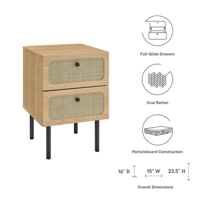 Oak nightstand with two oval rattan-front drawers, black knobs, full-glide drawers, on black legs.