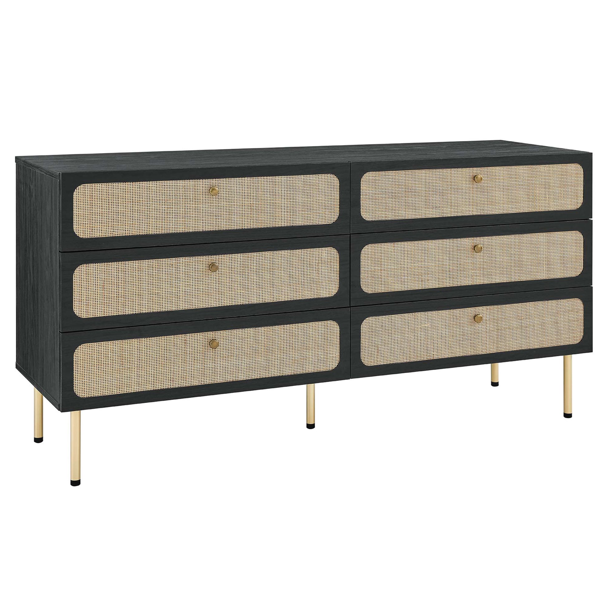 Charcoal dresser with six caned drawer fronts, brass knobs, and slender gold legs in mid-century style.