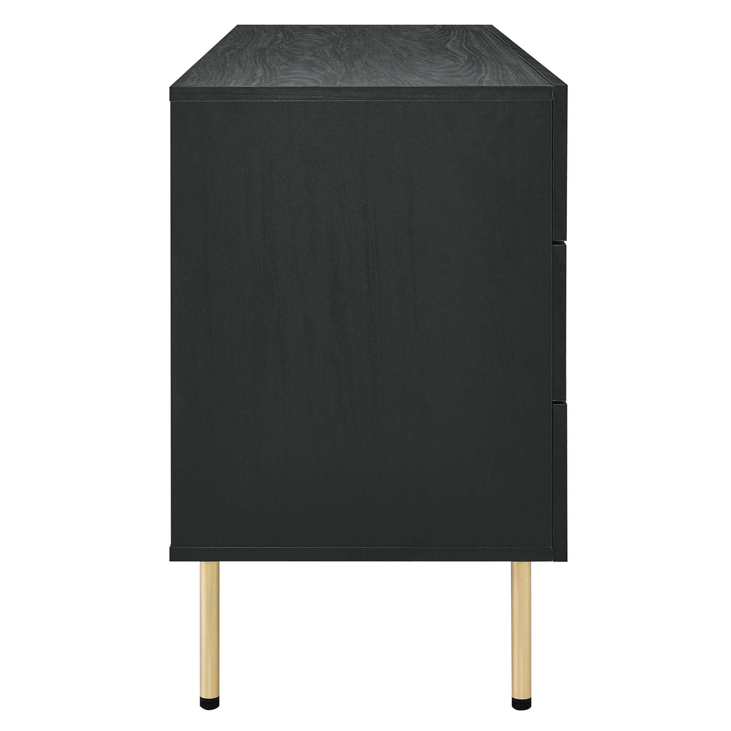 Black mid-century tall dresser with six drawers and gold tapered legs.