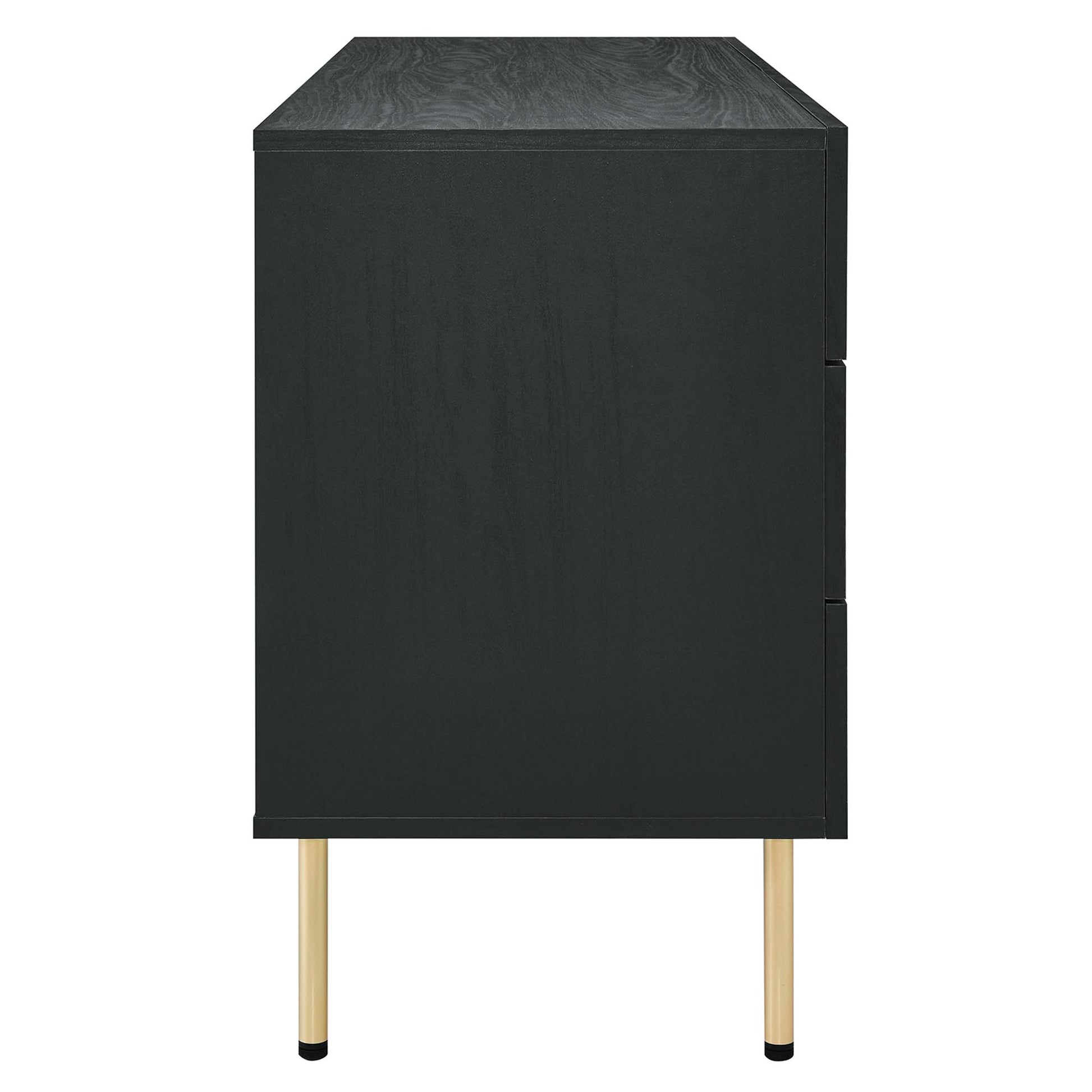 Black mid-century tall dresser with six drawers and gold tapered legs.