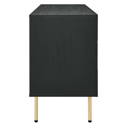 Black mid-century tall dresser with six drawers and gold tapered legs.