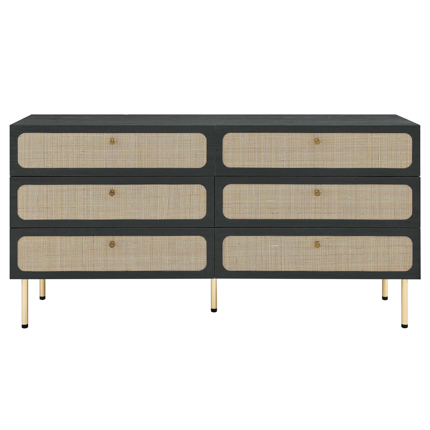 Black mid-century dresser with six cane-woven drawers, brass knobs & gold legs.