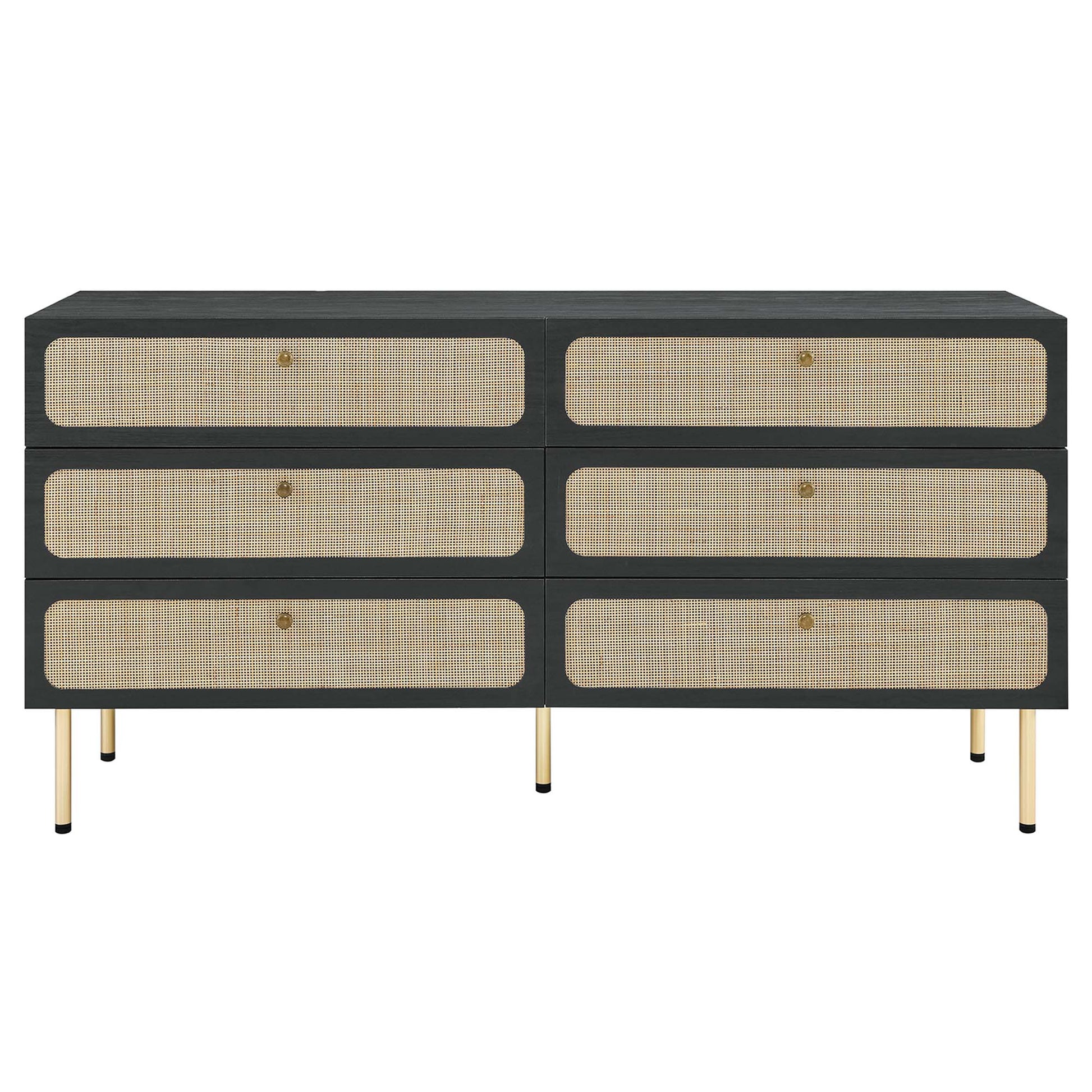 Black mid-century dresser with six cane-woven drawers, brass knobs & gold legs.