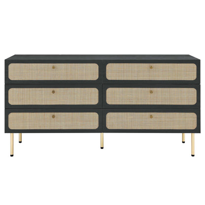 Black mid-century dresser with six cane-woven drawers, brass knobs & gold legs.