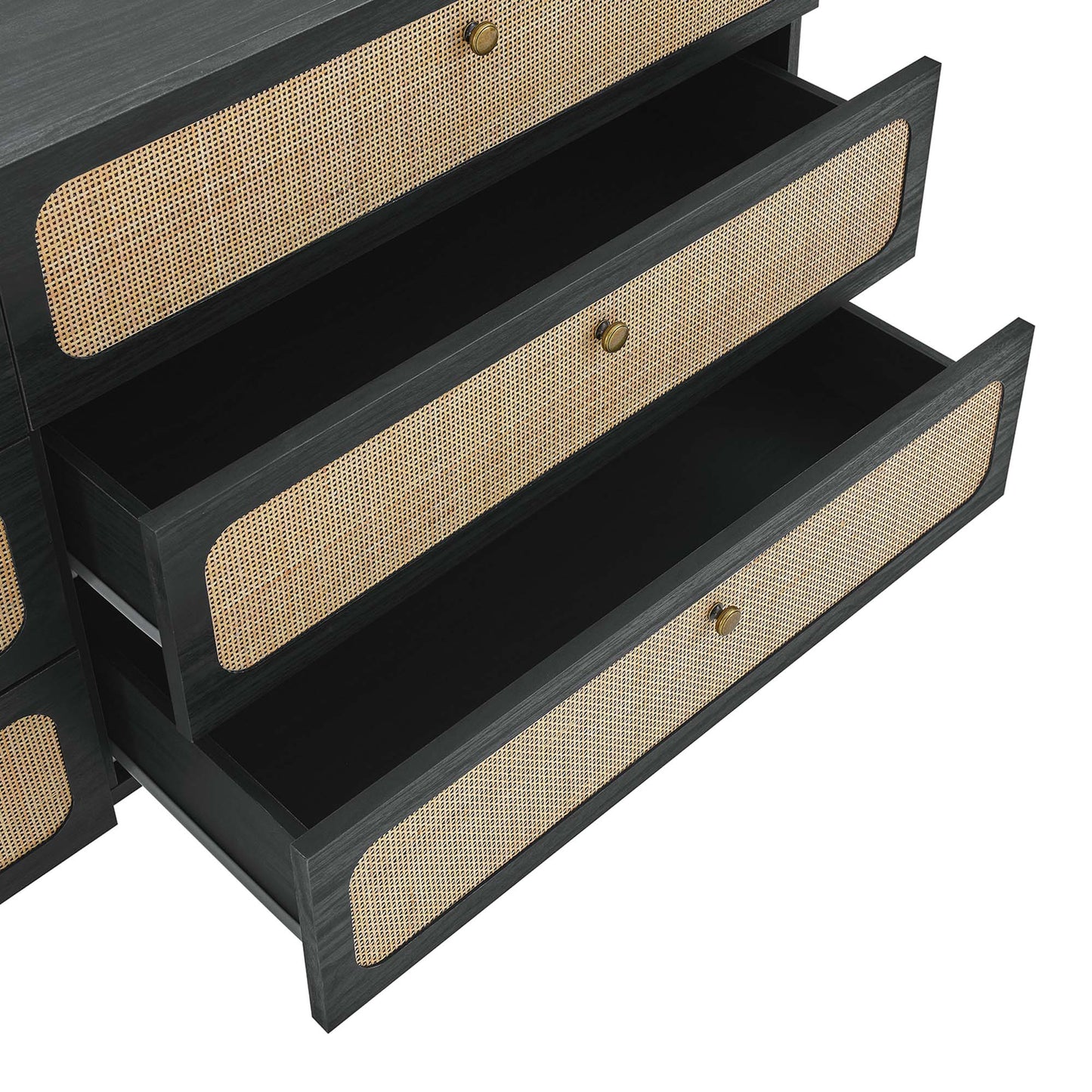 Black wood six-drawer dresser with woven rattan-front drawers and brass knobs, shown open to reveal dark interiors.