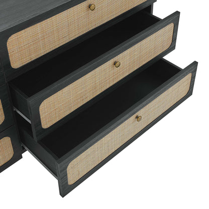 Black wood six-drawer dresser with woven rattan-front drawers and brass knobs, shown open to reveal dark interiors.