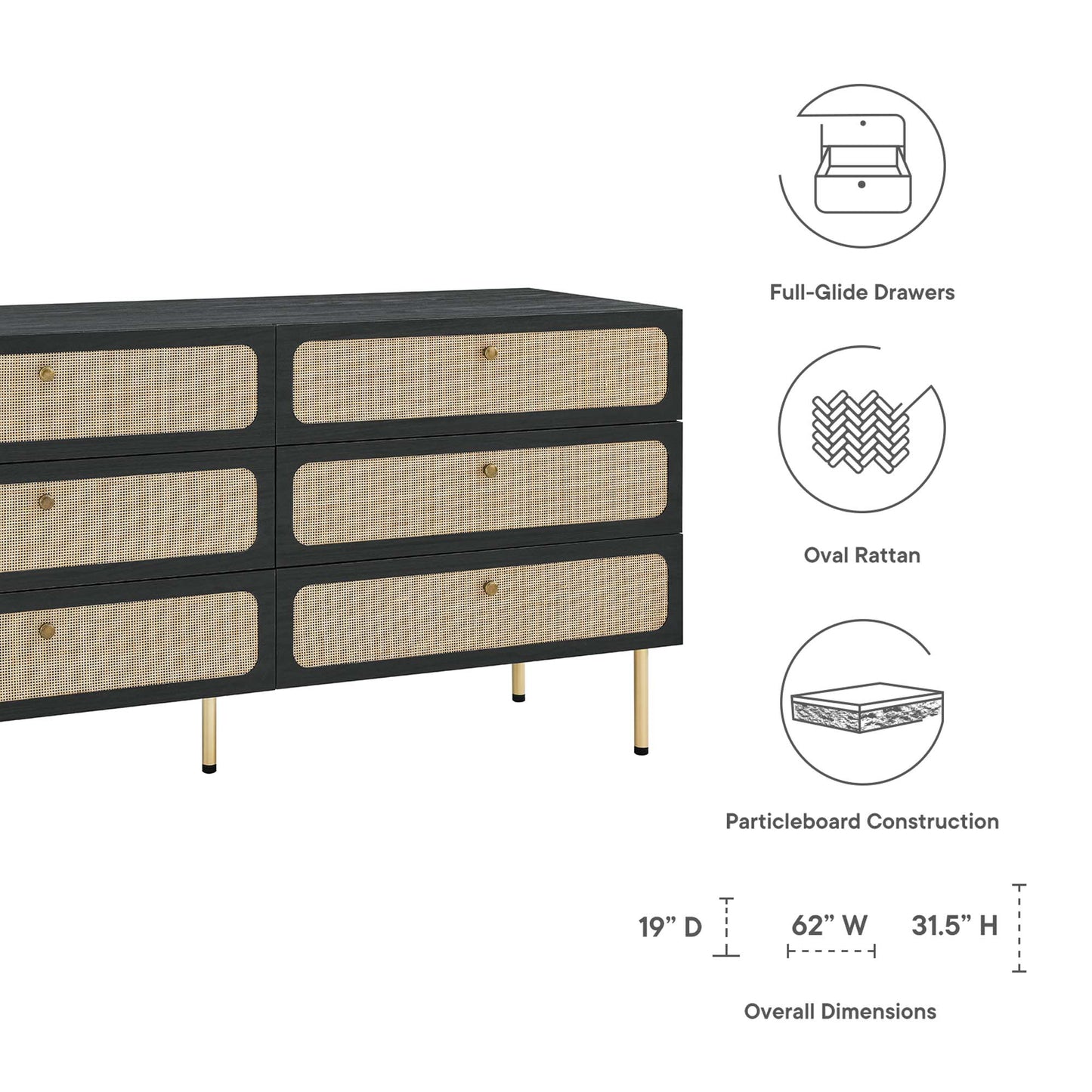 Dark black six-drawer dresser with oval rattan fronts, gold legs, full-glide drawers; particleboard construction.