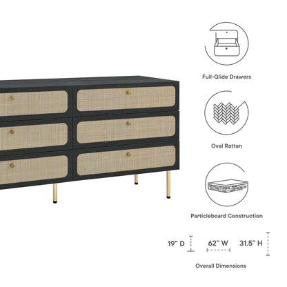 Dark black six-drawer dresser with oval rattan fronts, gold legs, full-glide drawers; particleboard construction.