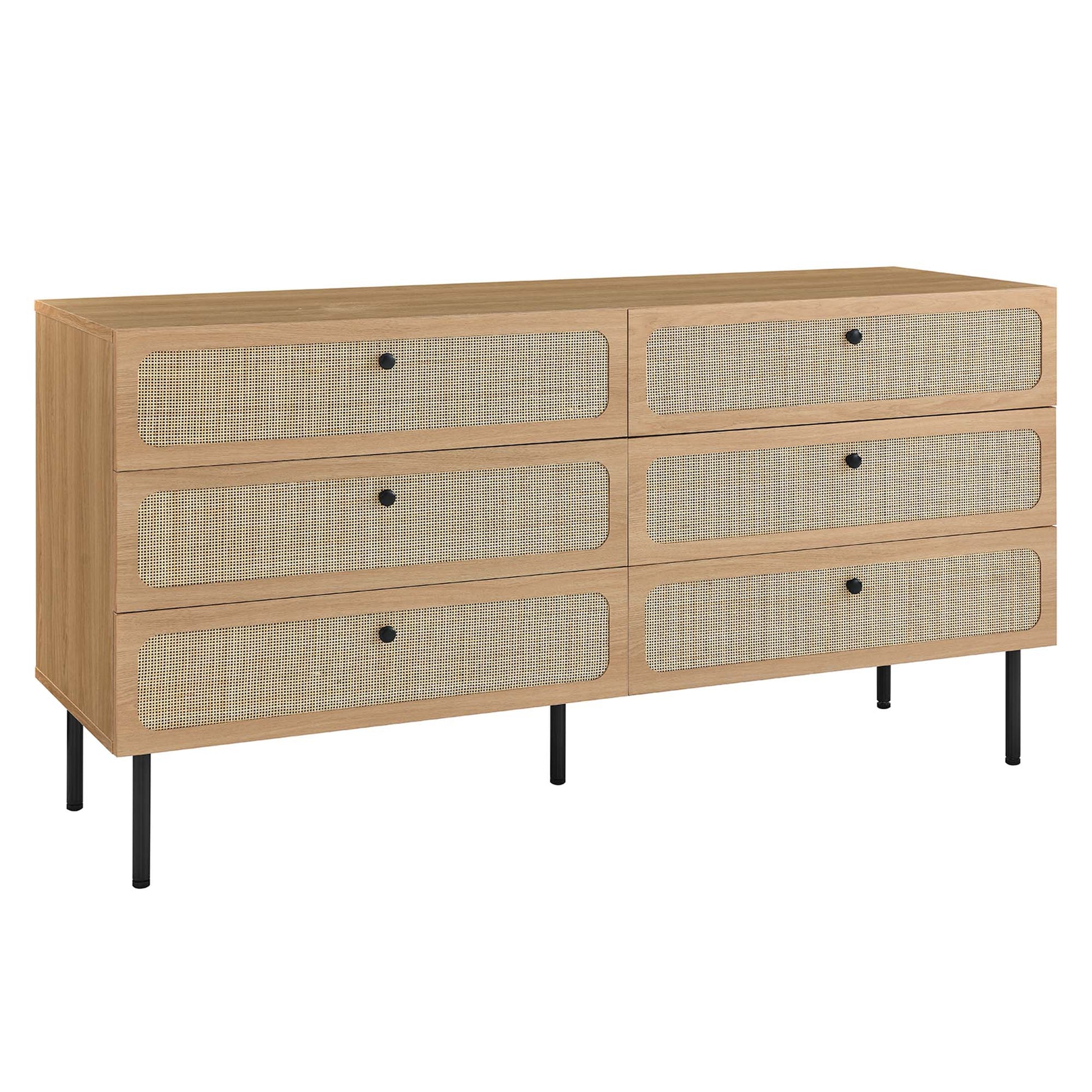 Oak wood six-drawer dresser with woven cane fronts, black knobs, and slim black legs; mid-century modern storage.